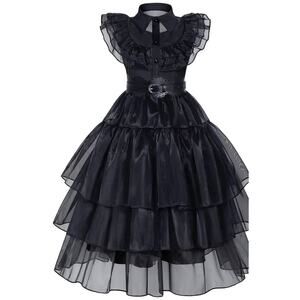 Kids Black Costume Goth Wednesday Halloween Cosplay Dress with Belt & Socks